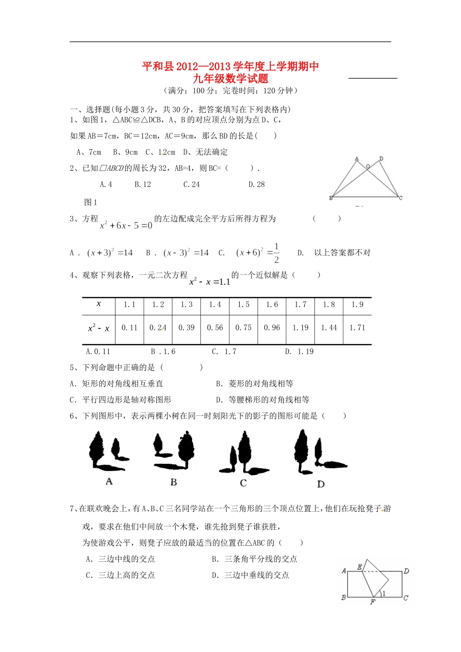福建省平和县2013届九年级数学上学期期中试题_第1页