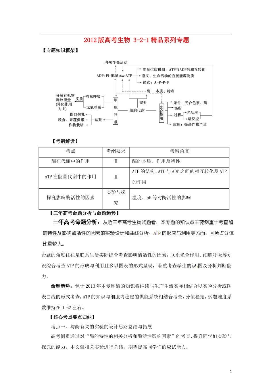 2012版高考生物-3-2-1精品系列专题04-酶和ATP(学生版)_第1页