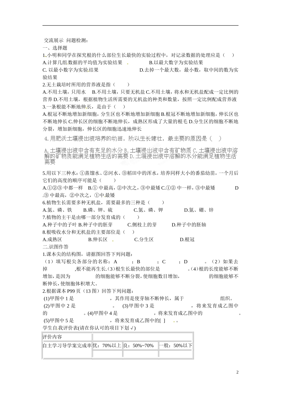 河北省保定市望都县第三中学七年级生物上册《植株的生长》导学案(无答案)-新人教版-(2)_第2页