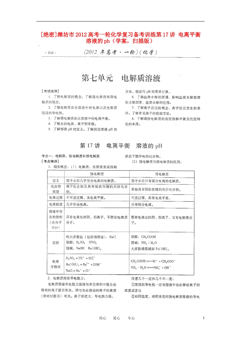 潍坊市2012高考化学一轮复习备考训练-第17讲-电离平衡-溶液的ph学案(扫描版)_第1页