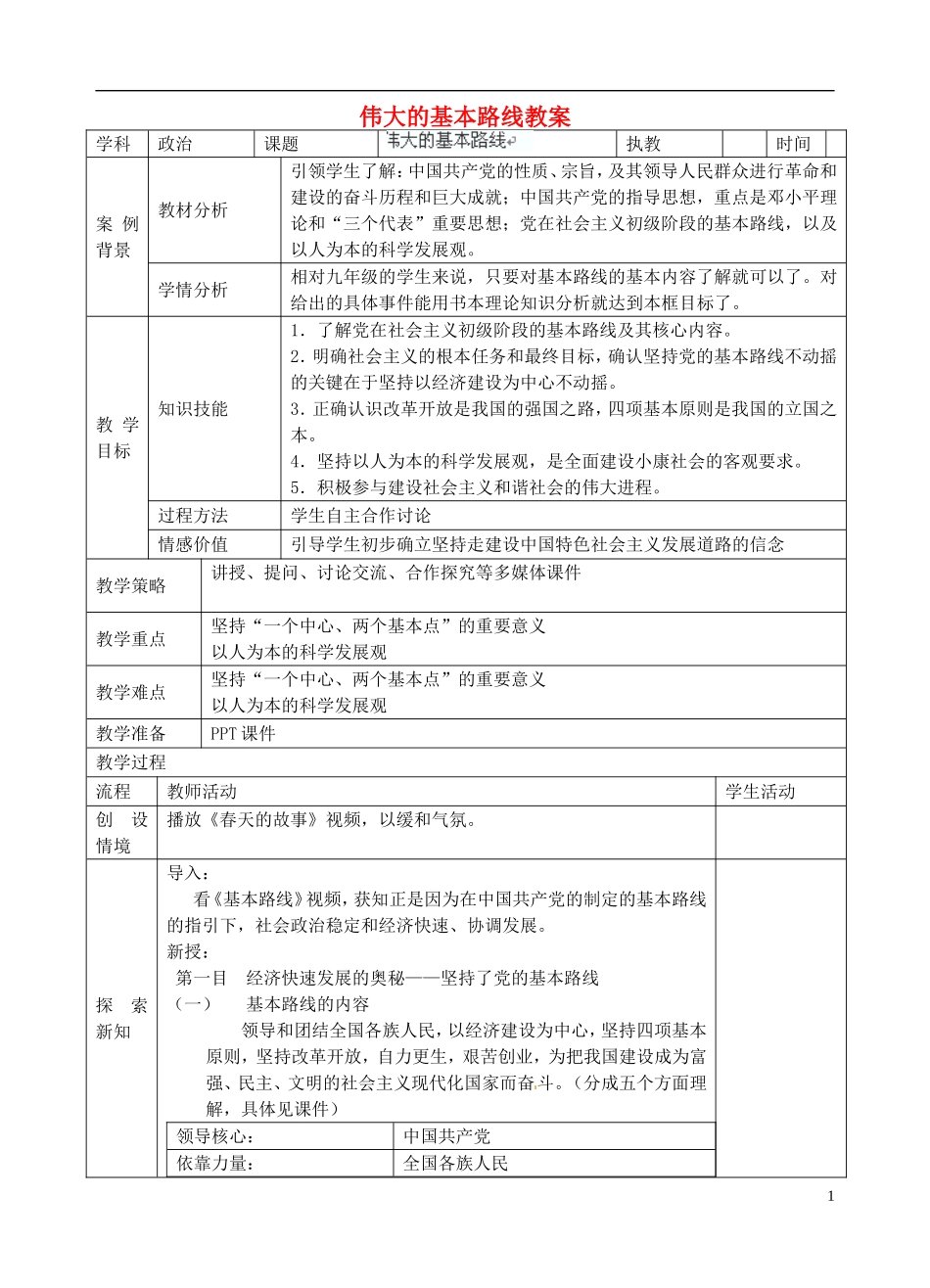 江苏省张家港市第一中学九年级政治全册-伟大的基本路线教案-新人教版_第1页
