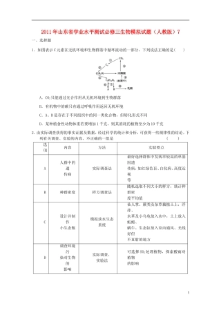 山东省2011年高中生物学业水平测试模拟试题7-新人教版必修3