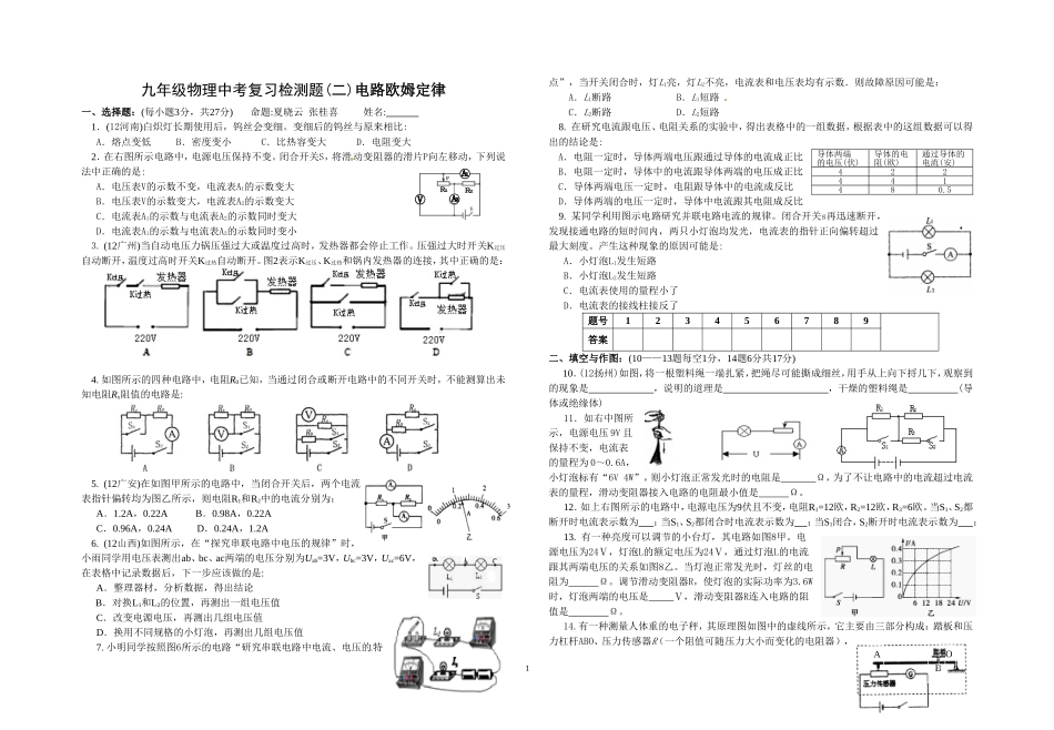 2014中考复习欧姆定律测试及答案_第1页
