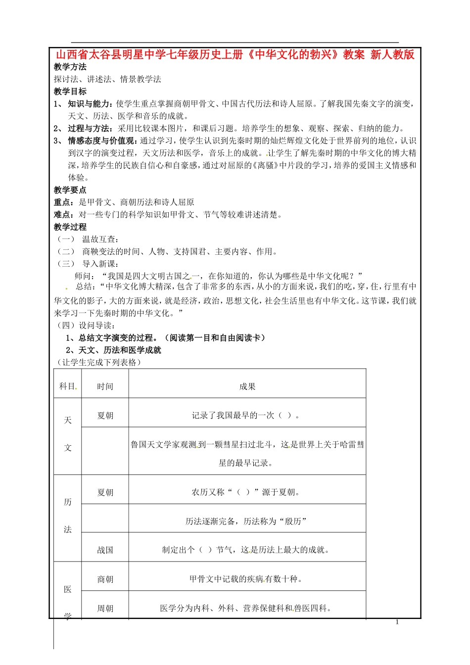 山西省太谷县明星中学七年级历史上册《中华文化的勃兴》教案-新人教版_第1页