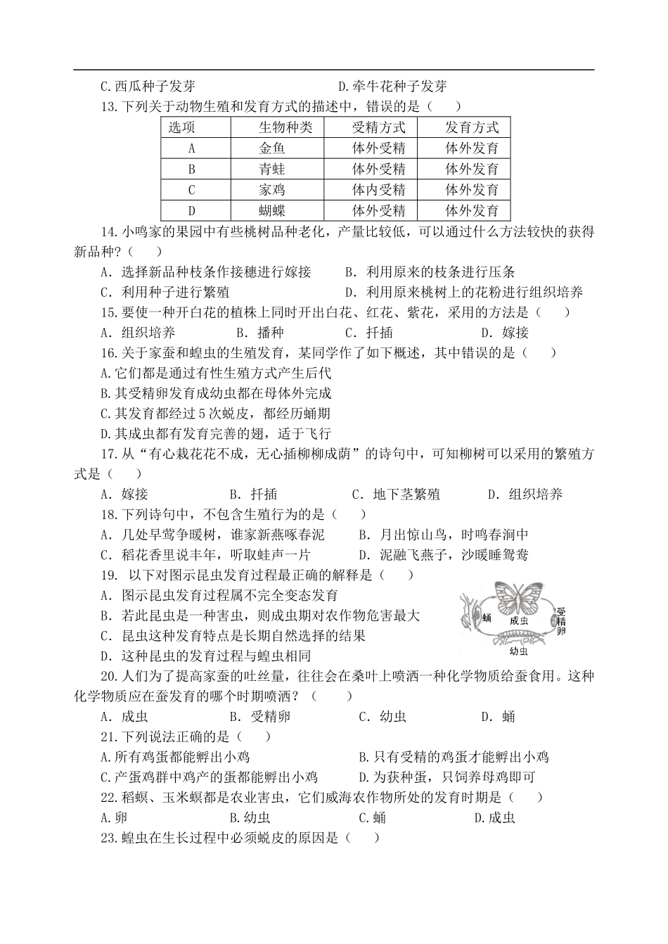 甘肃省成县苇子沟学校八年级生物下册《第三章-生物圈中生命的延续和发展》专题检测试题-新人教版_第2页