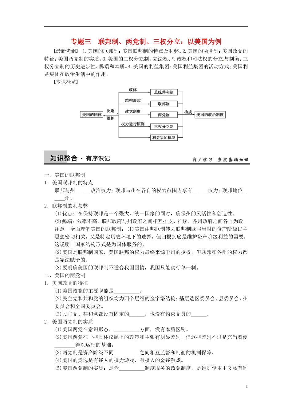 浙江省东阳市高中政治-专题三联邦制、两党制、三权分立-以美国为例检测-新人教版选修3_第1页