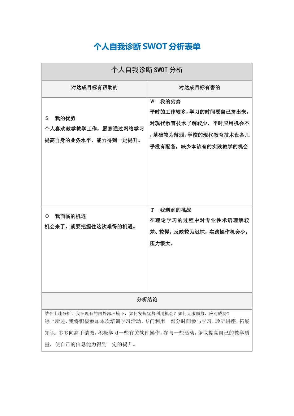 刘加个人自我诊断SWOT分析表_第1页