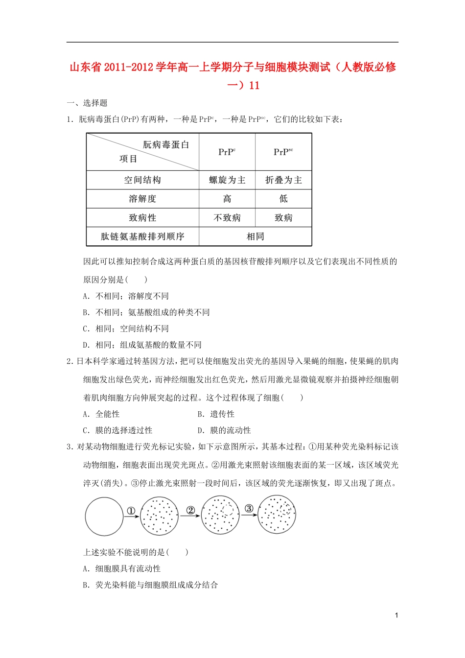 山东省2011-2012学年高中生物分子与细胞模块测试11-新人教版必修1_第1页