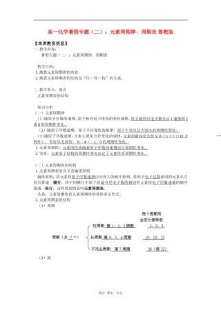 高一化学暑假专题(二)：元素周期律、周期表-鲁教版-知识精讲