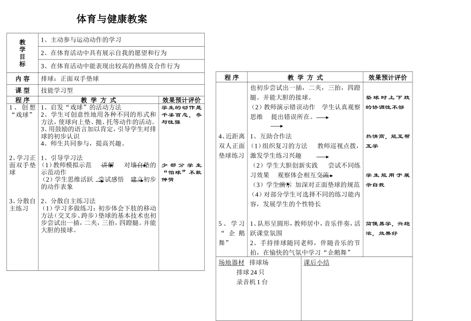 排球正面双手垫球教案、_第1页
