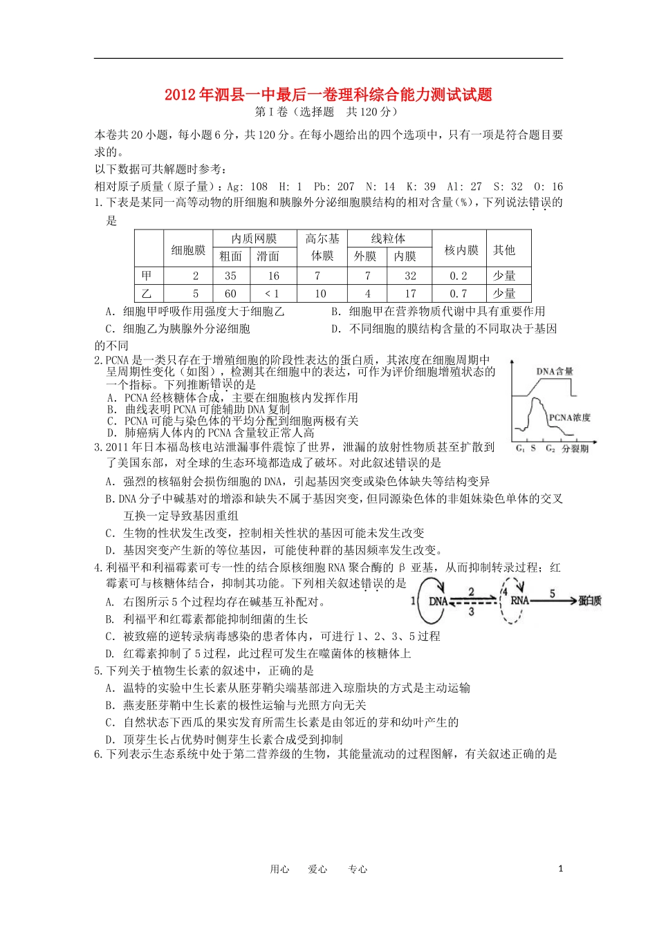 安徽省泗县一中2012年高三理综最后一卷(无答案)_第1页