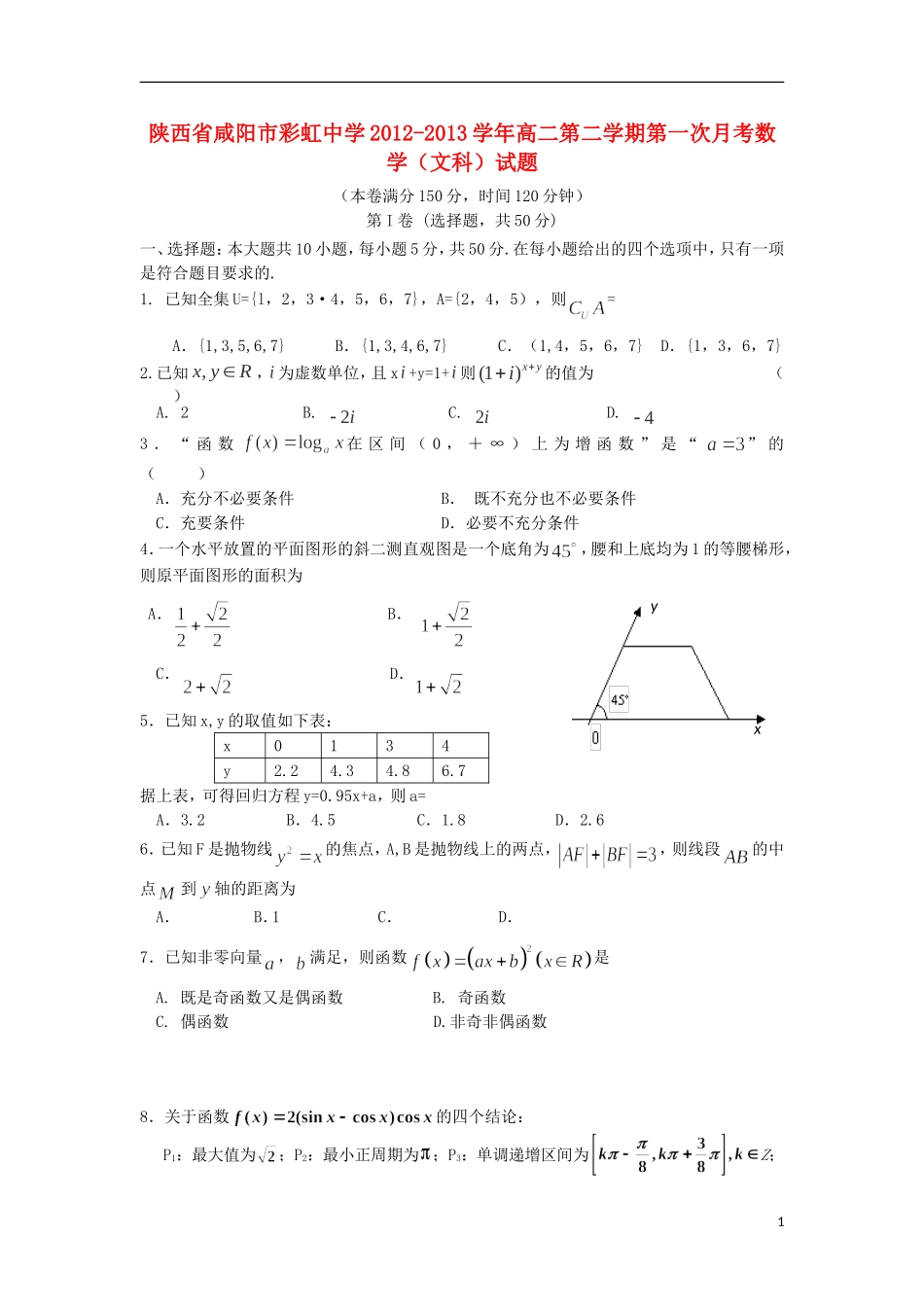 陕西省咸阳市彩虹中学2012-2013学年高二数学下学期第一次月考试题-文_第1页