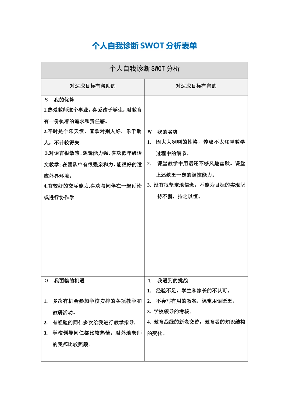 个人自我诊断SWOT分析表单[005]_第1页