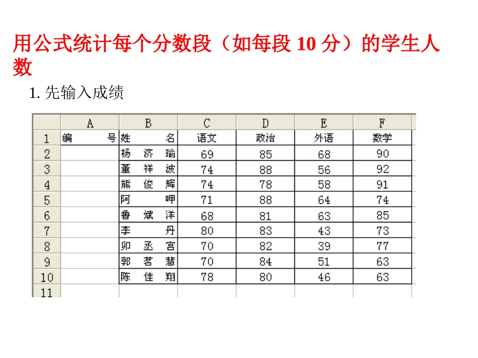 用公式统计每个分数段(如每段10分)的学生人数_第1页