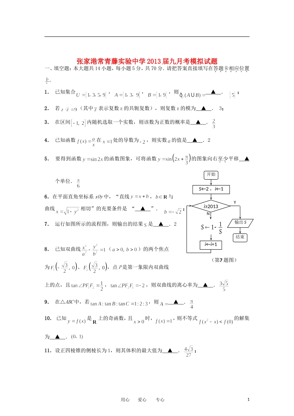 江苏省张家港常青藤实验中学2013届高三数学9月月考试题(教师版)苏教版_第1页