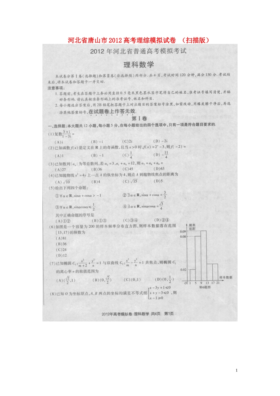 河北省唐山市2012高考数学模拟试卷-理(扫描版)_第1页