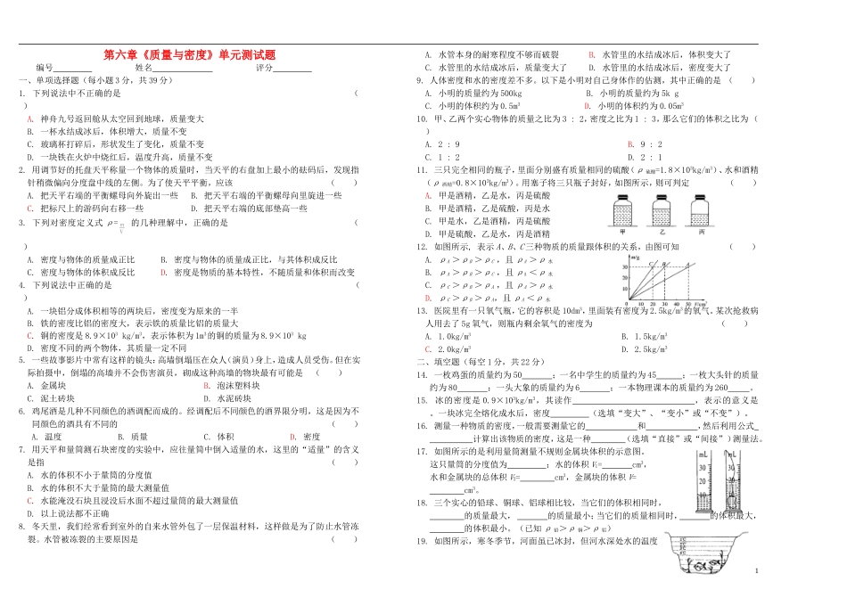 2012年秋八年级物理上册-第六章《质量与密度》单元综合测试题(无答案)-新人教版_第1页