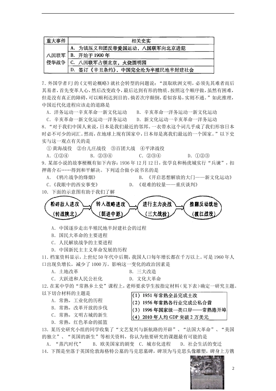 江苏省常熟市2013届九年级历史4月调研测试-新人教版_第2页