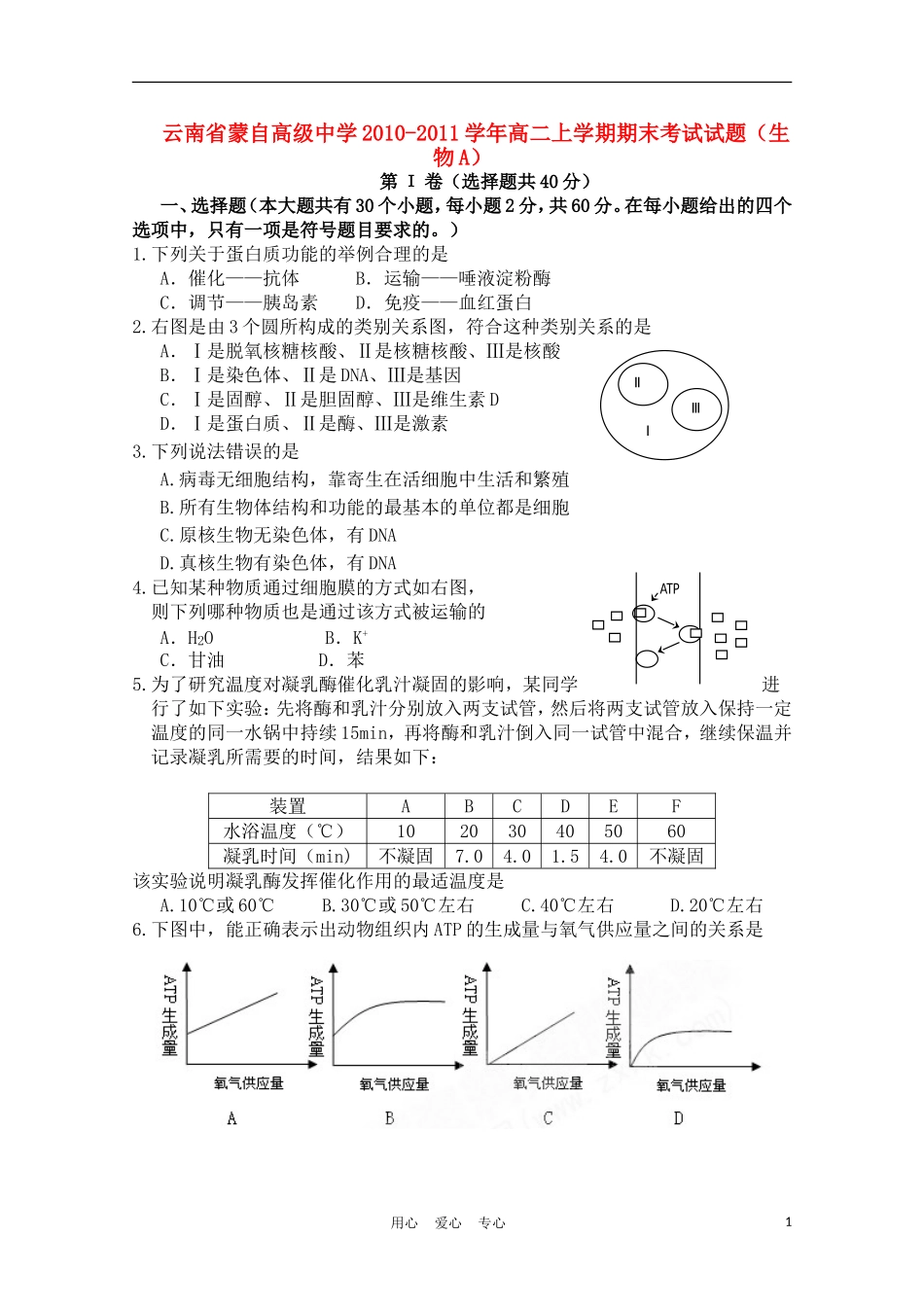 云南省蒙自高级中学2010-2011学年高二生物上学期期末考试试题A新人教版_第1页