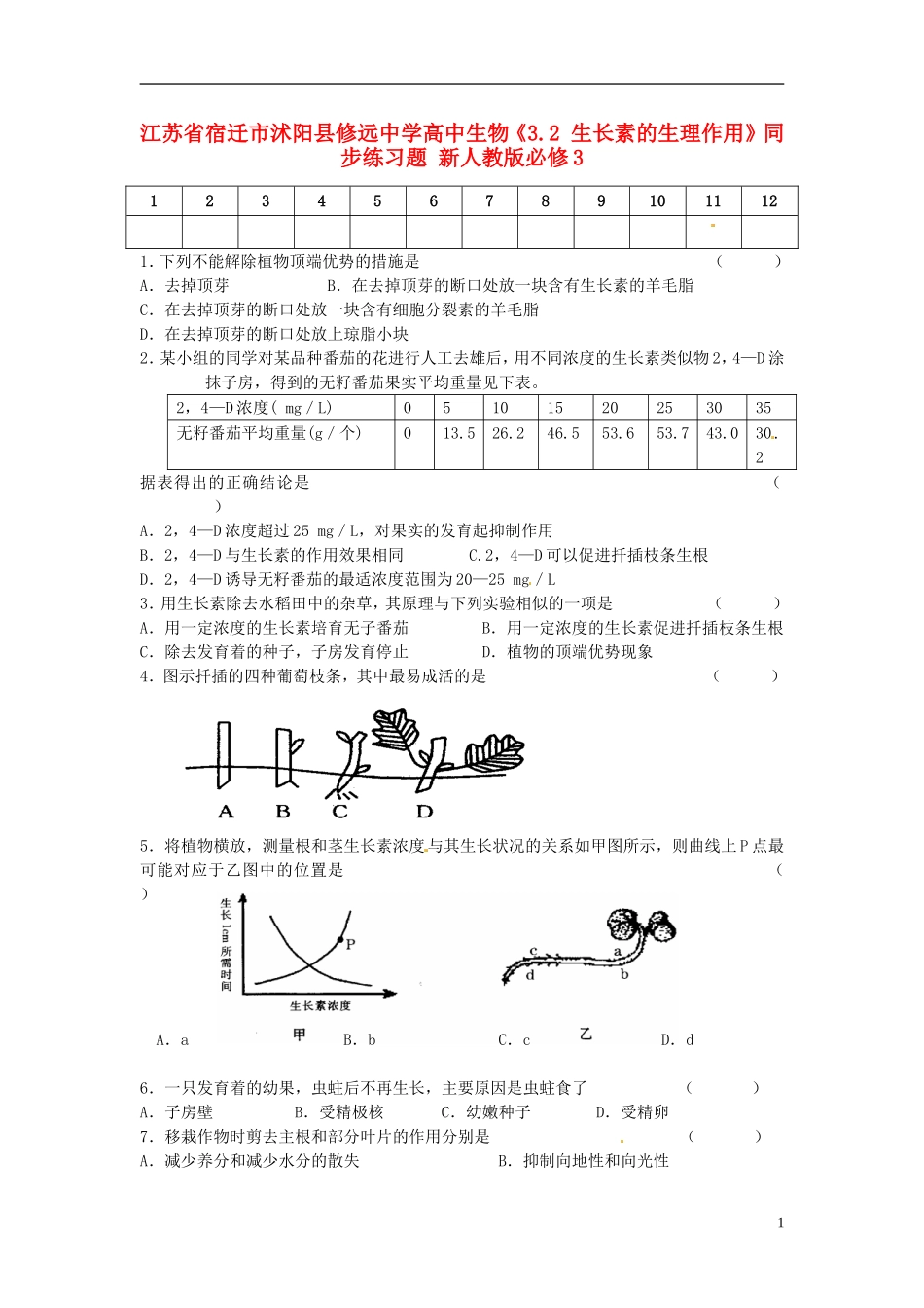 江苏省宿迁市沭阳县修远中学高中生物《3.2-生长素的生理作用》同步练习题-新人教版必修3_第1页
