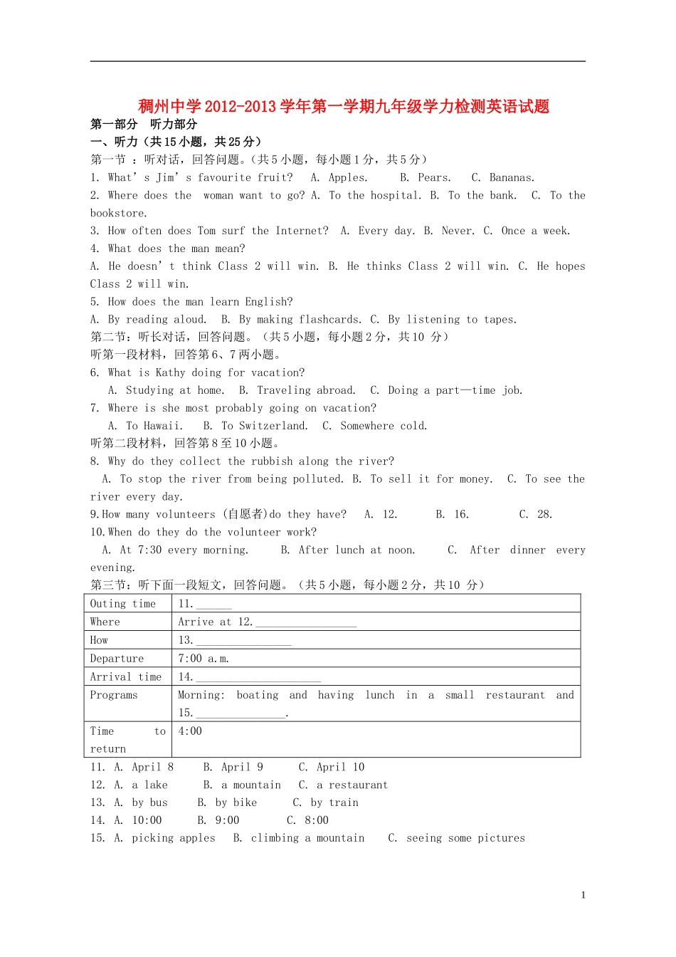 浙江省义乌市2012-2013学年九年级英语第一学期学力检测试题-人教新目标板_第1页