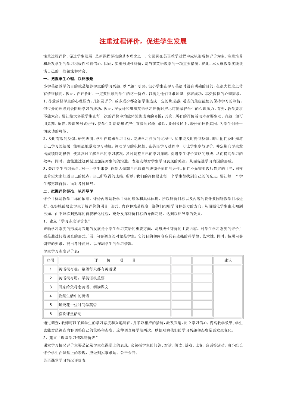 小学英语教学论文-注重过程评价-促进学生发展_第1页