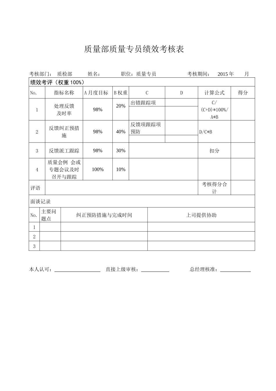 质量部质量专员绩效考核表_第1页