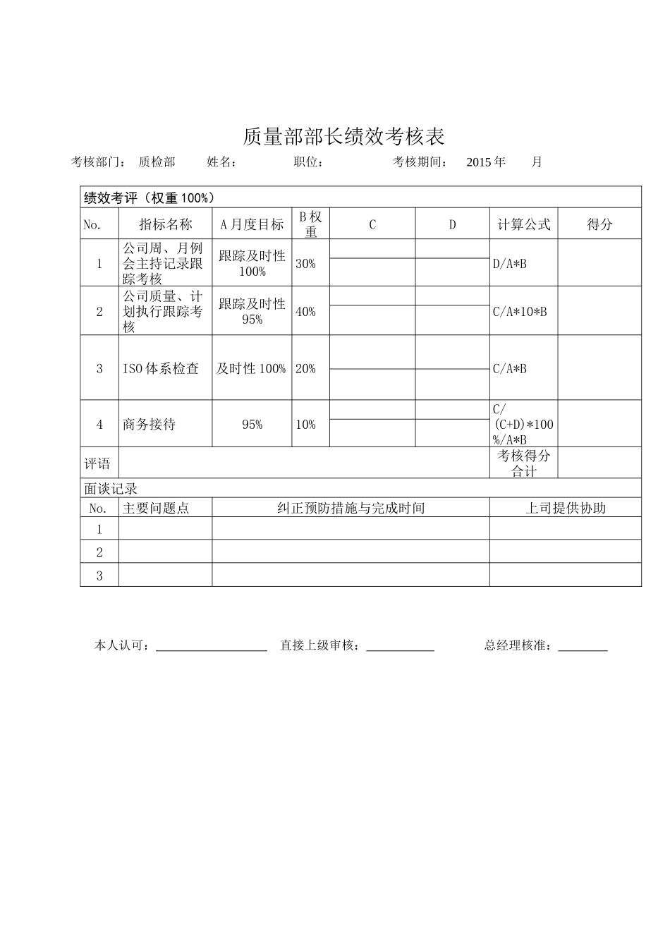 质量部质量专员绩效考核表_第2页