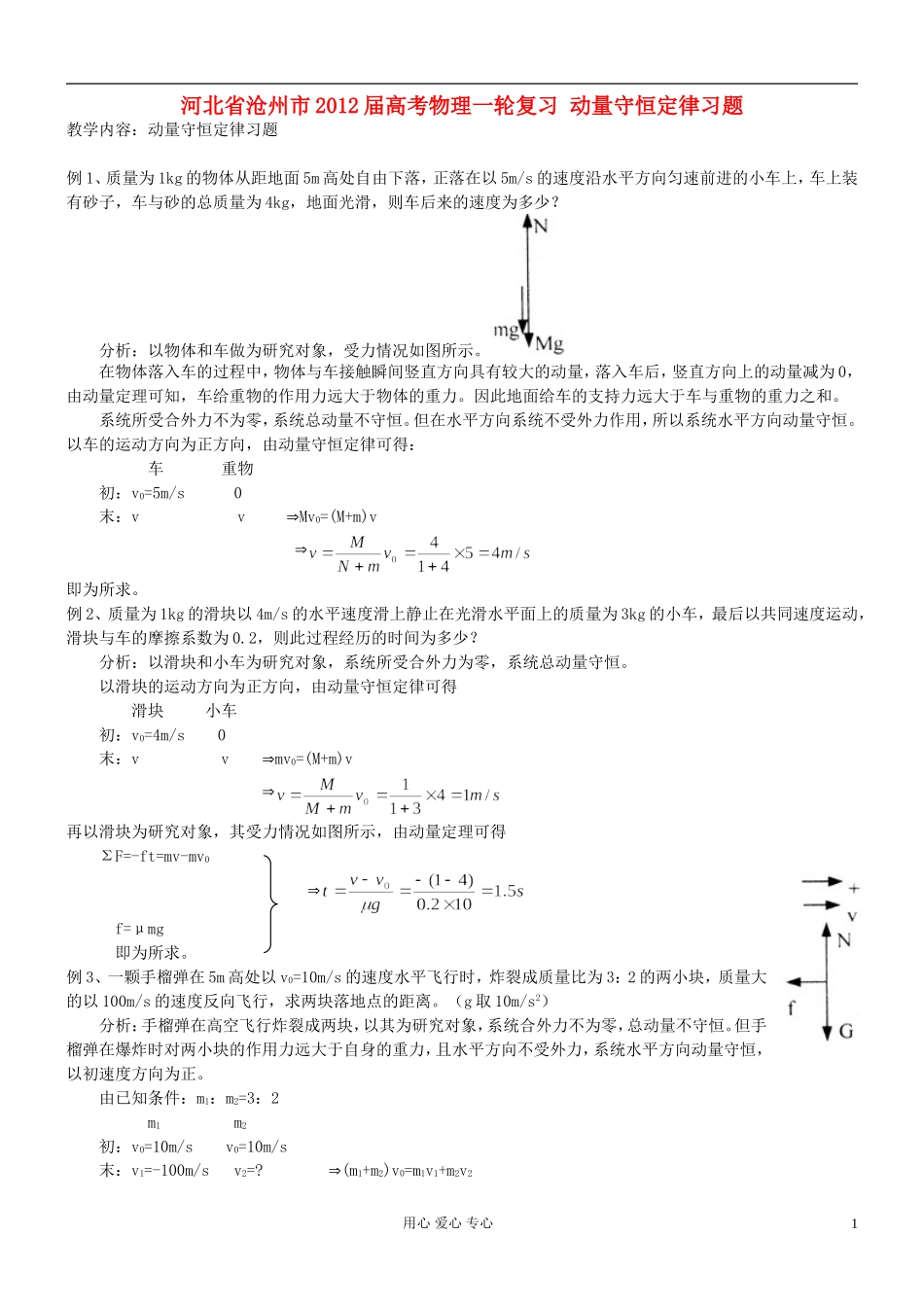 河北省沧州市2012届高考物理一轮复习-动量守恒定律习题_第1页