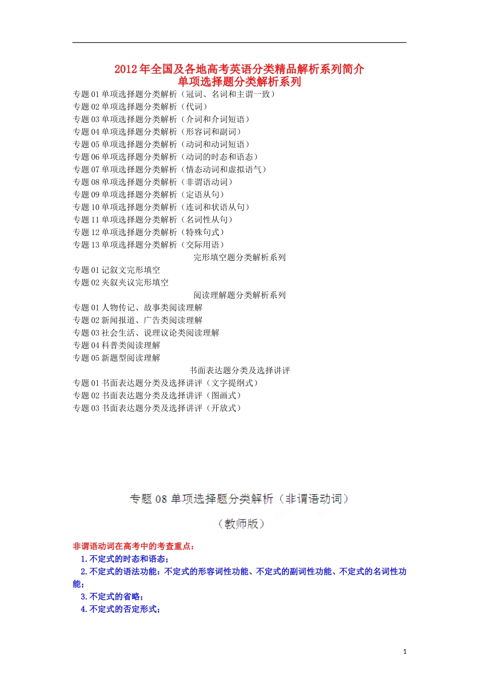 2012年高考英语试题分项版解析Ⅰ专题08-非谓语动词(教师版)_第1页