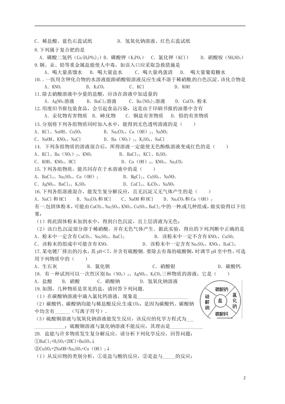 广东省深圳市文汇中学九年级化学下册《第1章-几种重要的盐》练习(无答案)-新人教版_第2页