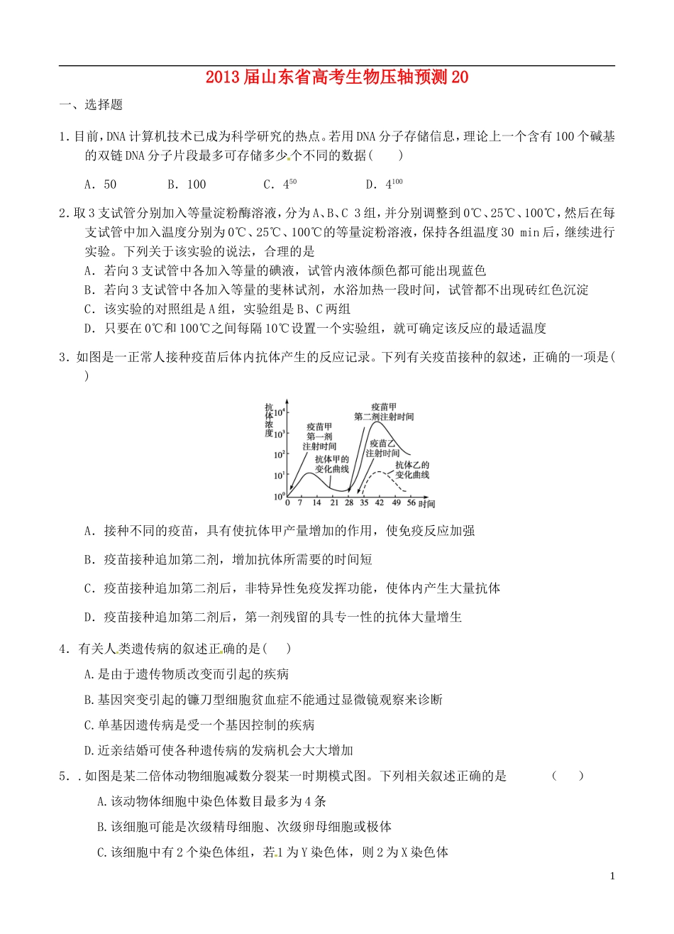 山东省2013届高考生物压轴预测试题20-新人教版_第1页