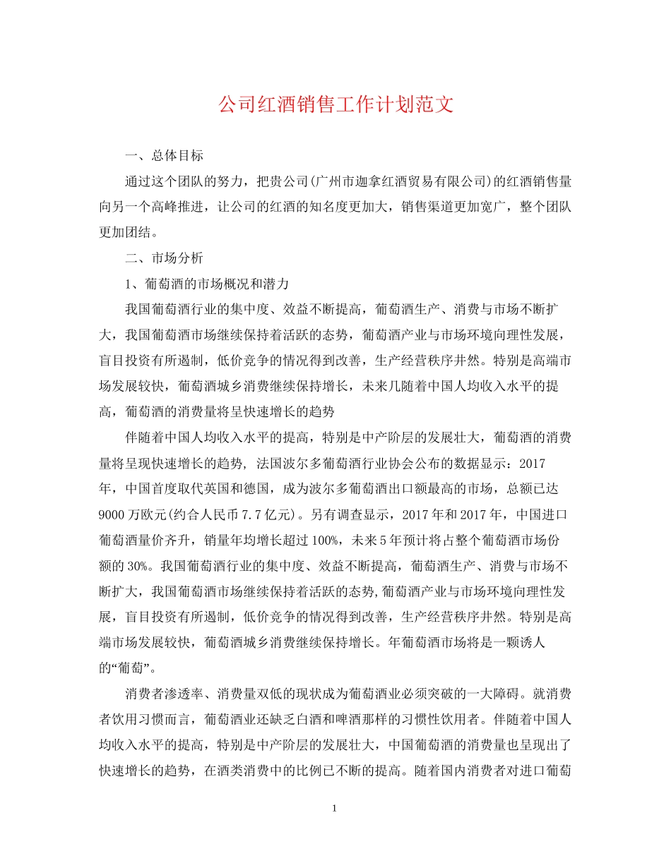 公司红酒销售工作计划范文_第1页