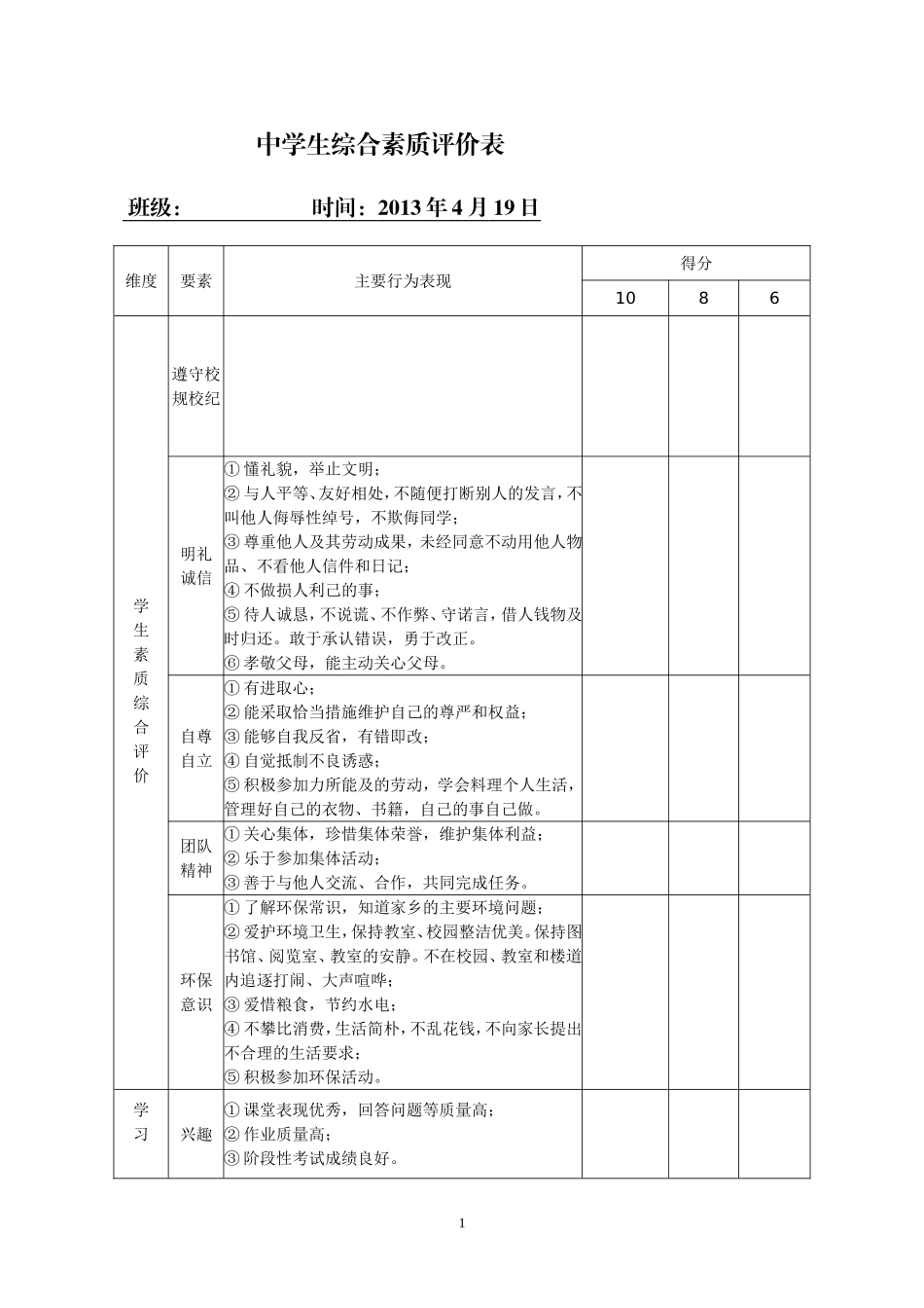 中学生综合素质评价表6_第1页