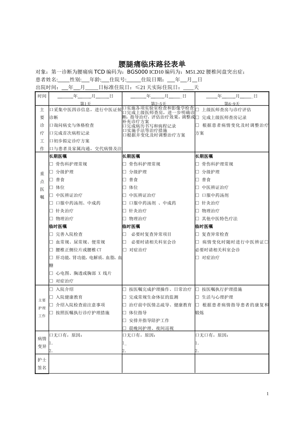 腰痛病临床路径表单_第1页