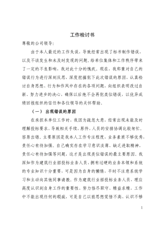 招投标业务工作失误检讨书