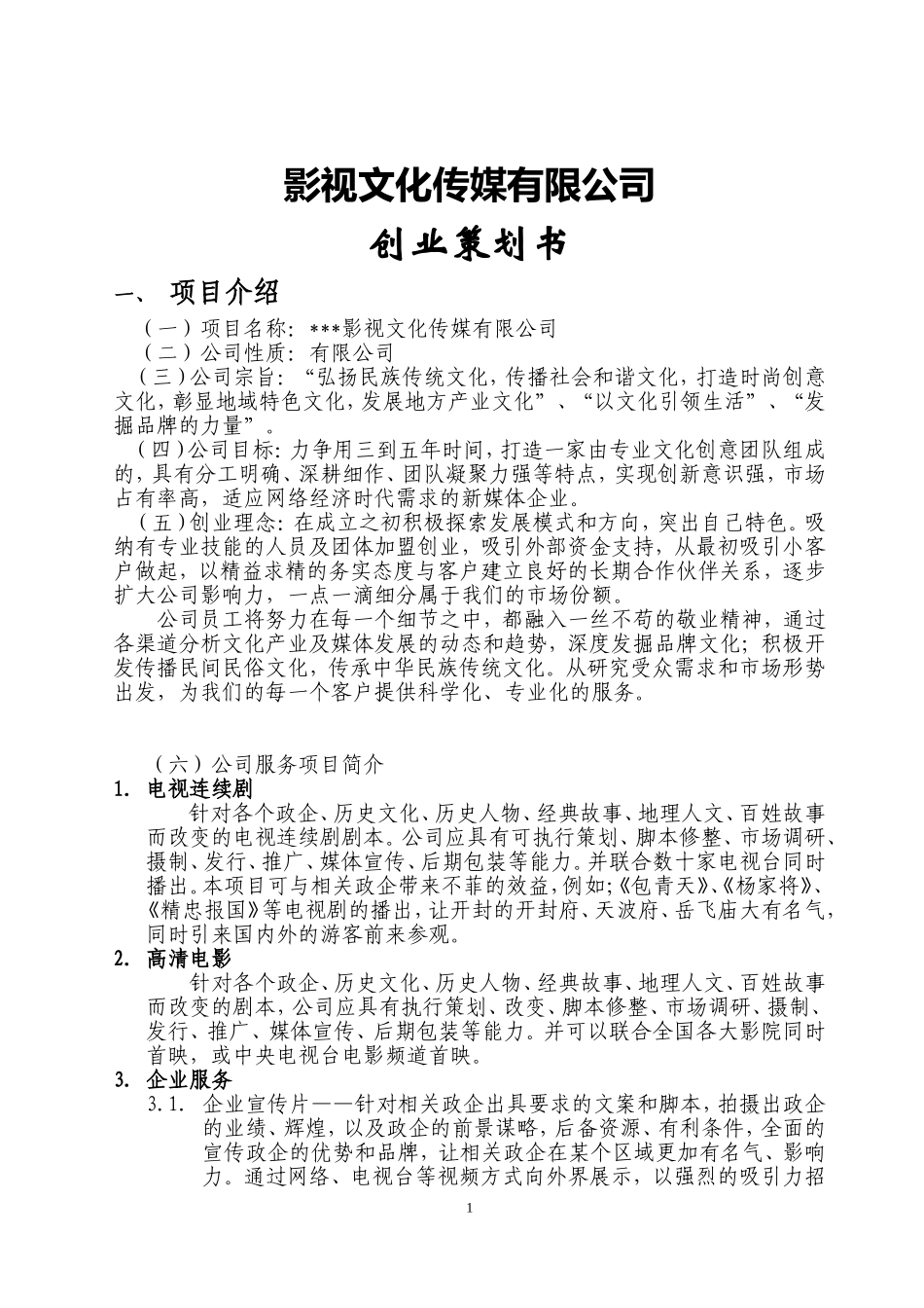 影视文化传媒有限公司创业策划书_第1页