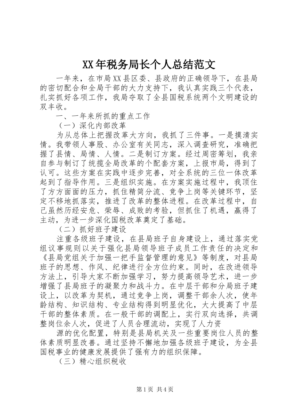 XX年税务局长个人总结范文_第1页