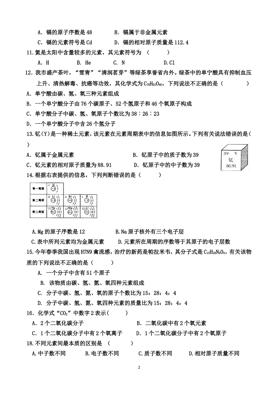 元素及元素周期表练习题_第2页