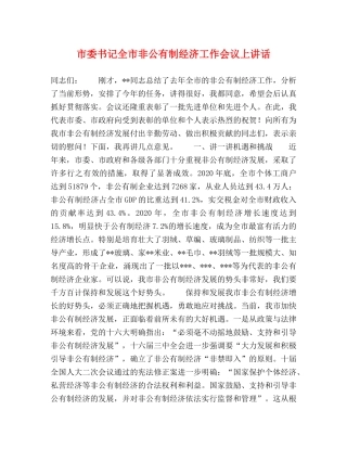 市委书记全市非公有制经济工作会议上讲话 