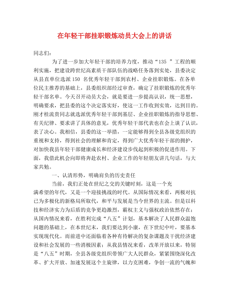 在年轻干部挂职锻炼动员大会上的讲话 _第1页
