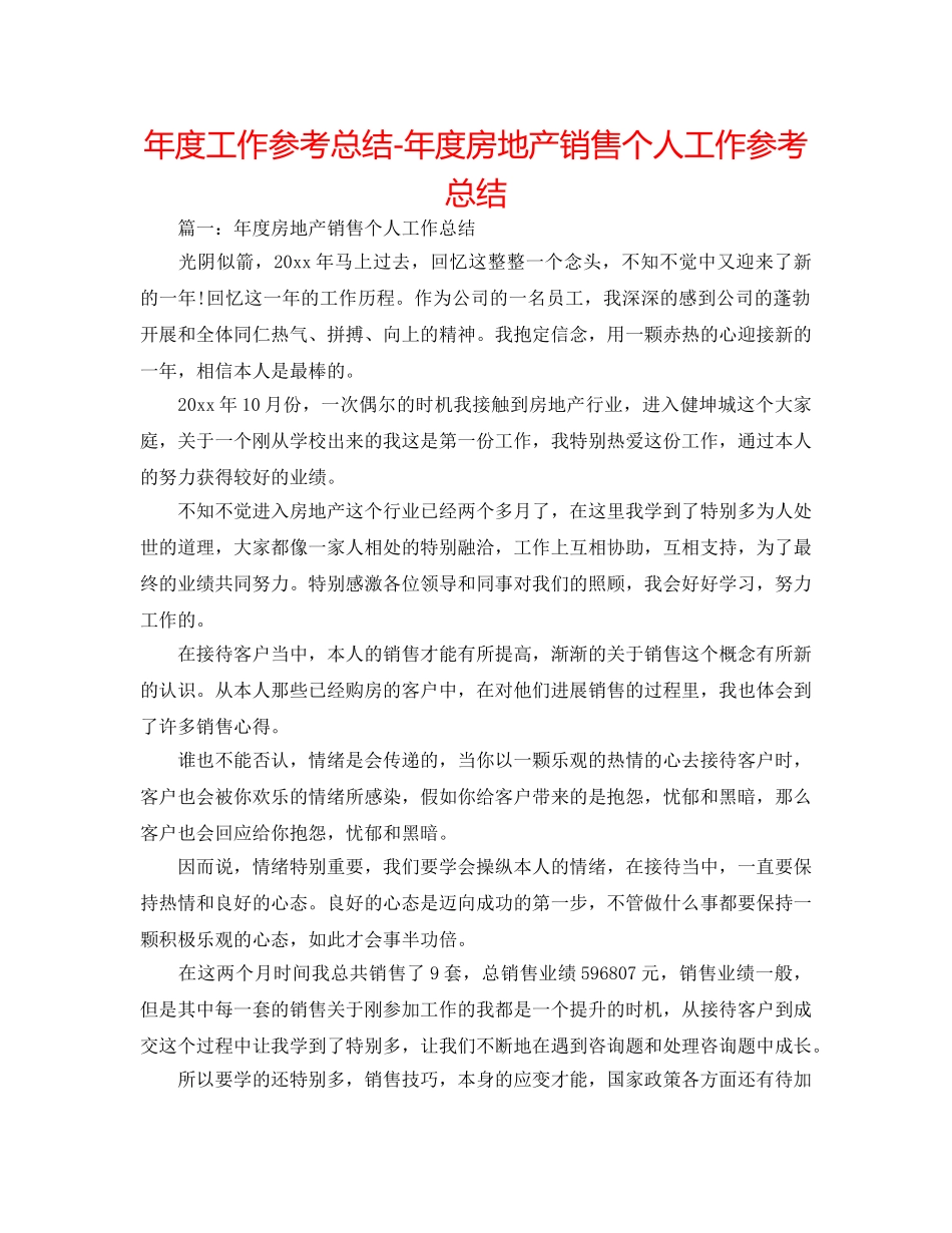 年度工作参考总结-年度房地产销售个人工作参考总结 _第1页