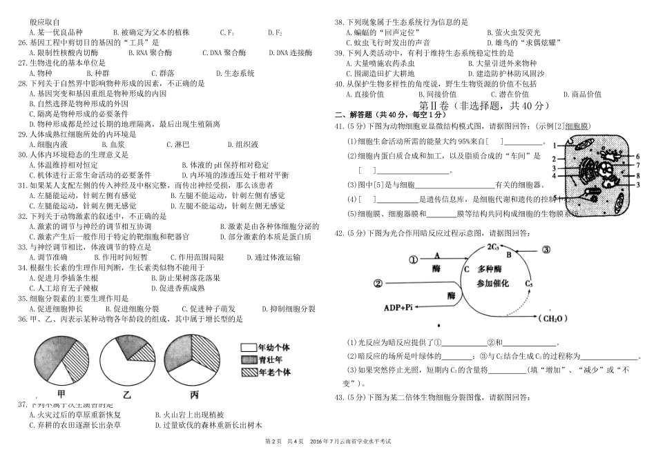 云南省学业水平考试高中生物试题(2016年7月)_第2页