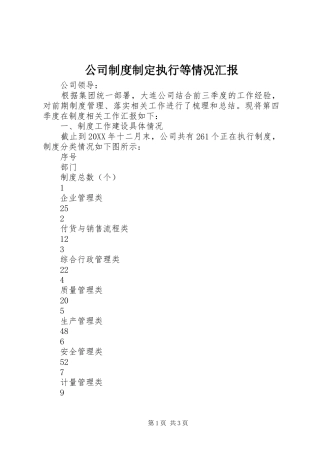 公司制度制定执行等情况汇报