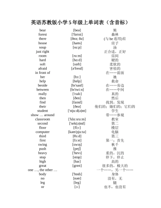 英语苏教版小学5年级上单词表(含音标)