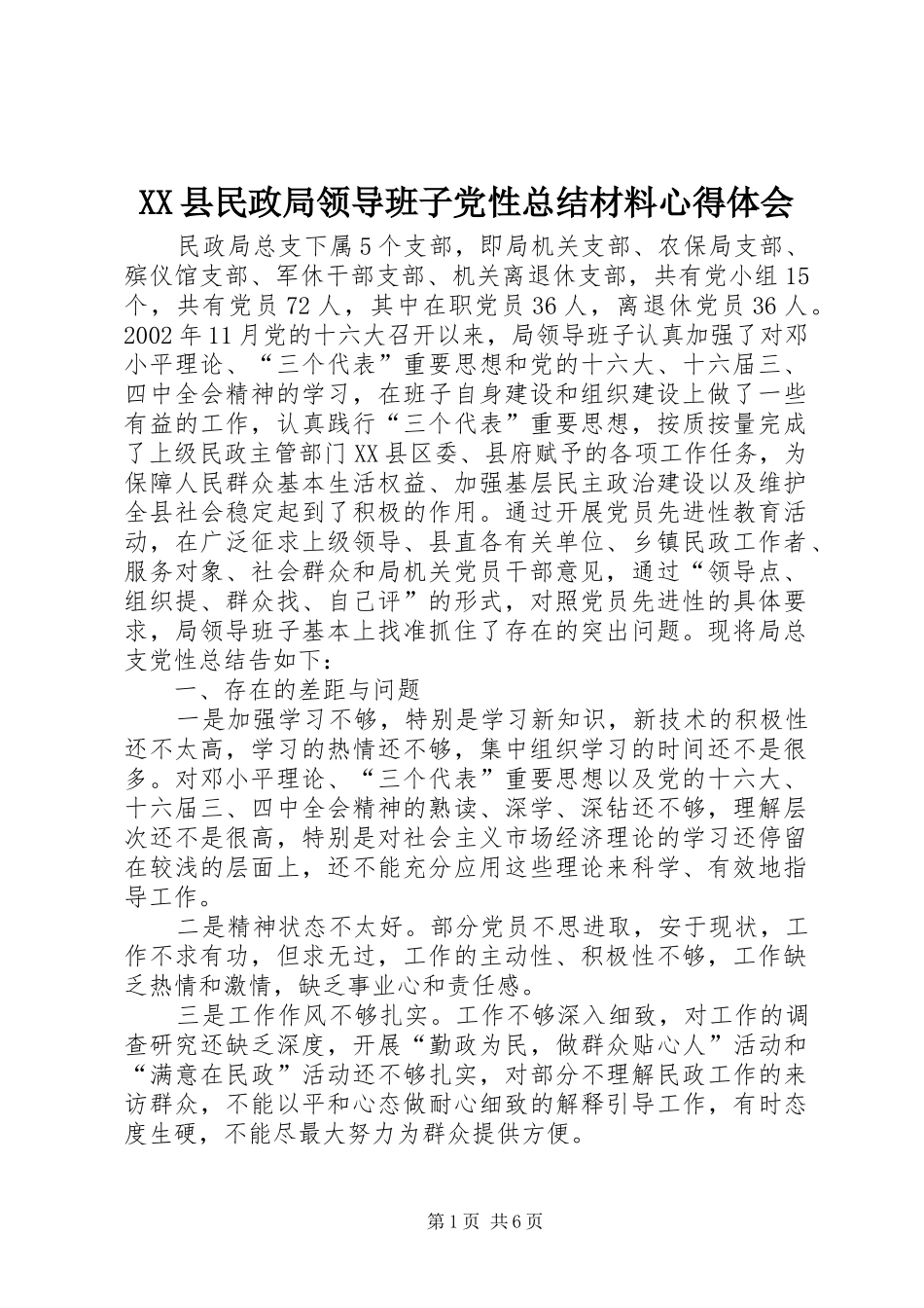 XX县民政局领导班子党性总结材料心得体会_第1页