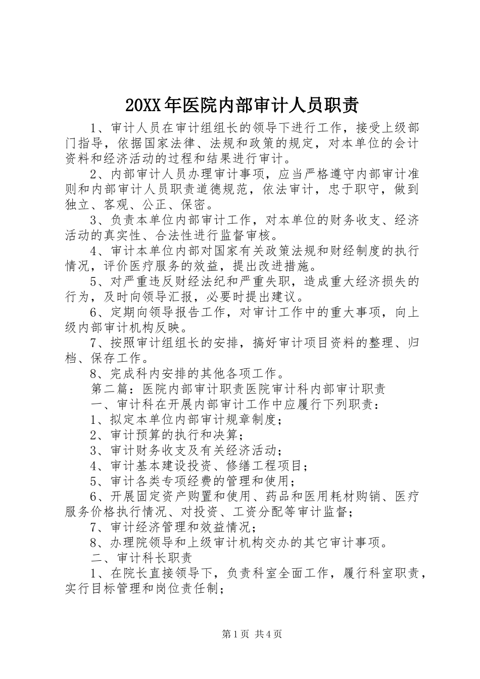 20XX年医院内部审计人员职责_第1页
