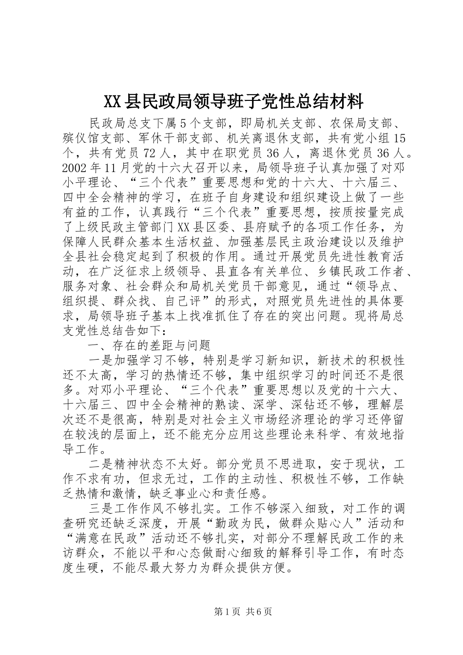 XX县民政局领导班子党性总结材料 (3)_第1页