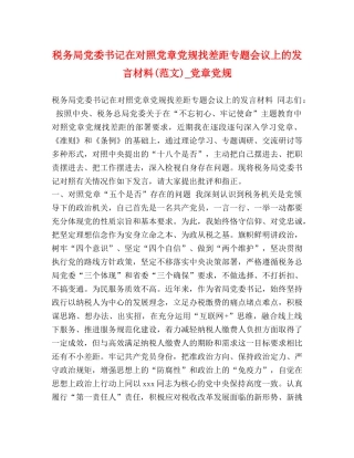 税务局党委书记在对照党章党规找差距专题会议上的发言材料(范文)_党章党规 