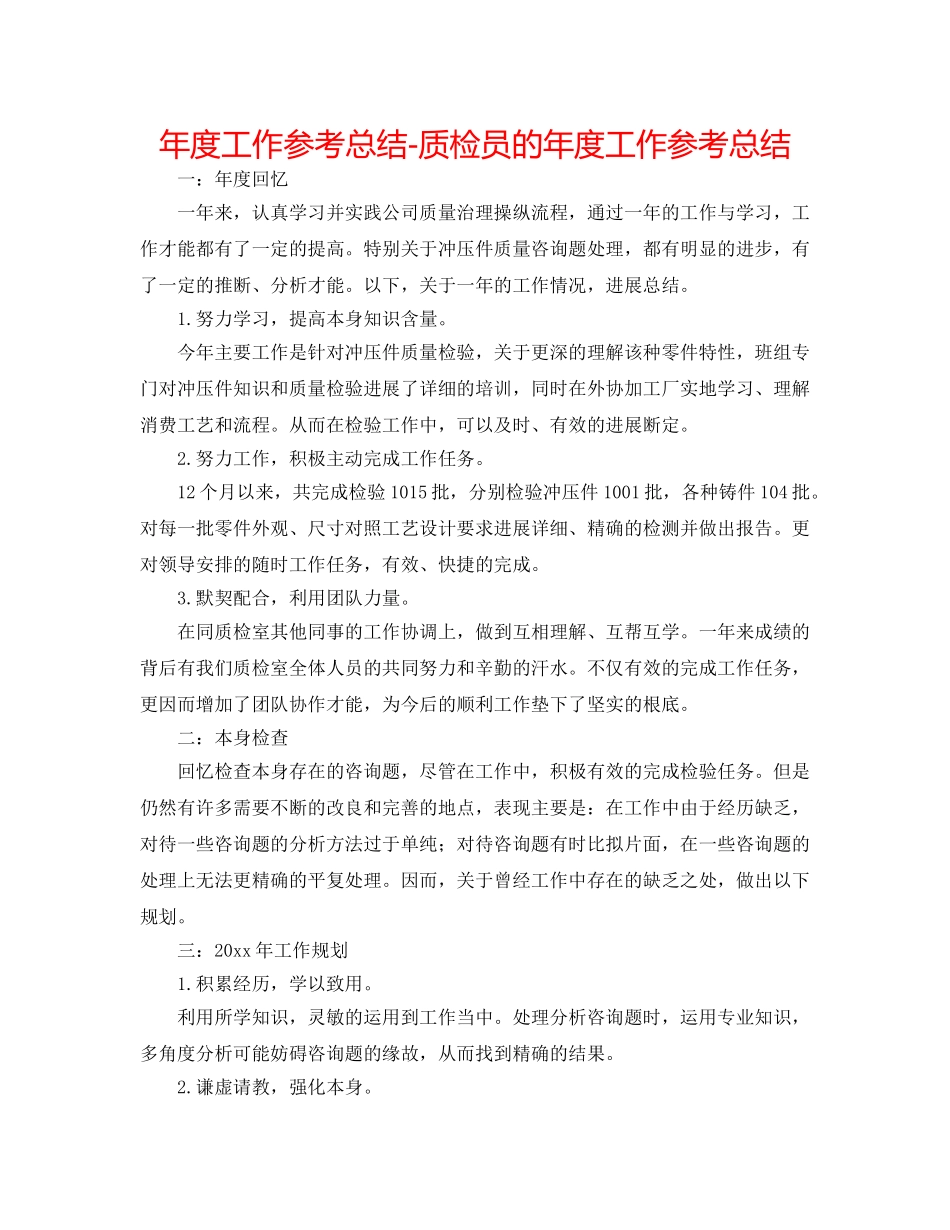 年度工作参考总结-质检员的年度工作参考总结 _第1页
